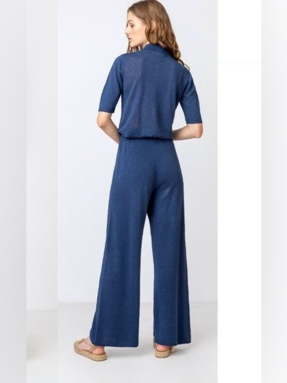 IVKO Woman Wide Leg Linen Lounge Pants Navy Blue Knit Sustainable Luxury